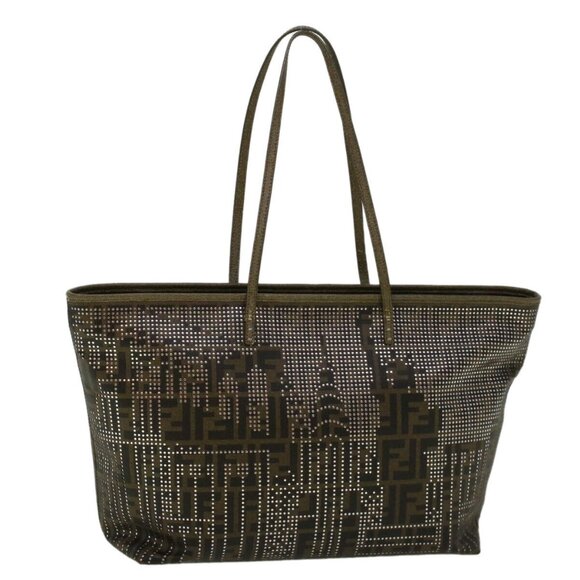 FENDI Zucca Canvas New York Tote Bag PVC Leather Brown Silver Auth 58639 - Picture 1 of 16